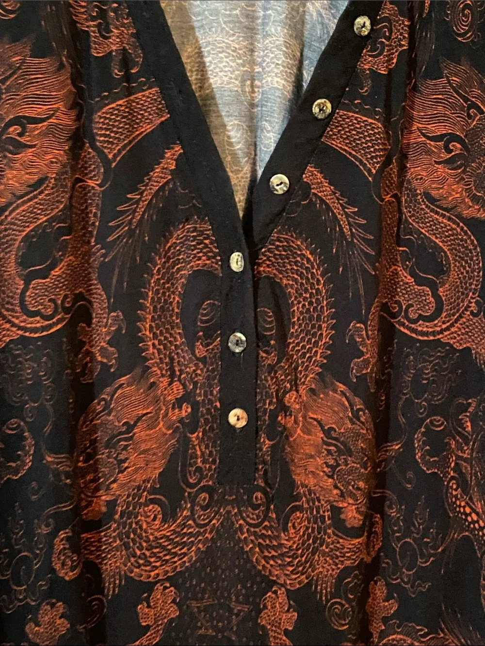 Johnny Was Black with Rust Dragon Print V-Neck Button Long Sleeve Top - Picture 3 of 7